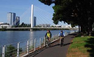 Des cyclistes sur les bords de Loire. Au fond le pont Eric Tabarly.Le quartier Malakoff a Nantes. Illustration tourisme immobilier. Nantes Loire Atlantique Pays de la Loire./SALOM-GOMIS_152334/Credit:SEBASTIEN SALOM-GOMIS/SIPA/1409011709