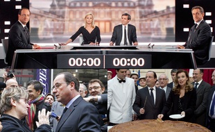 Montage photo: François Hollande face à Nicolas Sarkozy lors de son débat, face à une Française lors d'un déplacement et aux côtés de Valérie Trieirweiler lors de leur dernière sortie officielle en décembre 2013.