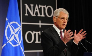 Le secrétaire américain à la Défense Chuck Hagel au siège de l'Otan à Bruxelles le 27 février 2014