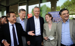 Roger Karoutchi, François Kosciusko Morizet, Bruno Le Maire, Nathalie Kosciusko-Morizet et Patrck Devdjian à Puteaux, le 1er septembre 2013.