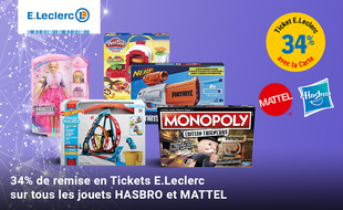 Jusqu'à -34% en Tickets E.Leclerc pour les Journées Stars MATTEL et HASBRO à l'occasion du Black Friday 2021.
