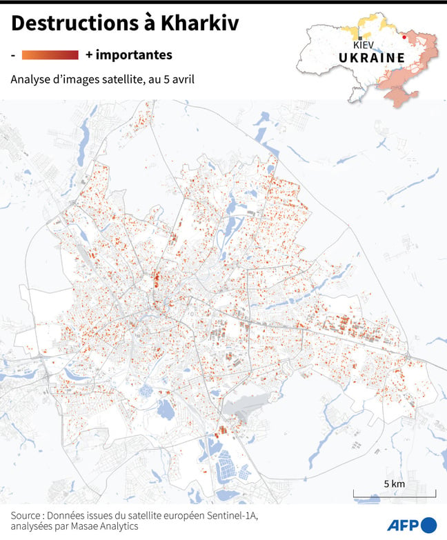 Map of destruction recorded in Kharkiv, according to analysis of satellite images by Masae Analytics, on April 5