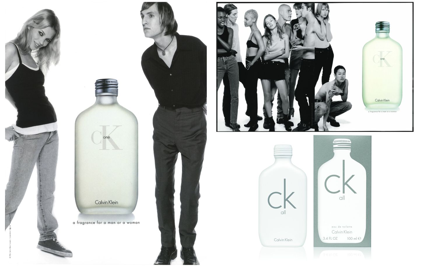 La campagne culte des années 1990,signée Steven Meisel pour CK One de Calvin Klein, et le nouveau parfum de la marque américaine, CK All.