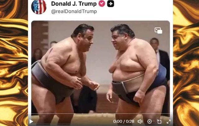 Le 3 septembre, Trump verse dans la grossophobie avec cette vidéo de ses adversaires JB Pritzker, gouverneur de l’Illinois, et de l’ancien patron du New Jersey, Chris Christie, faisant un combat de sumos.
