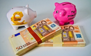 Tirelires et liasses de billets de 50 euros.