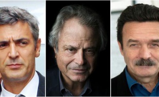 Montage de photos réalisé le 1er novembre 2015 montrant le majordome de Liliane Bettencourt Pascal Bonnefoy, et les journalistes du Point Franz-Olivier Giesbert et de Médiapart Edwy Plenel
