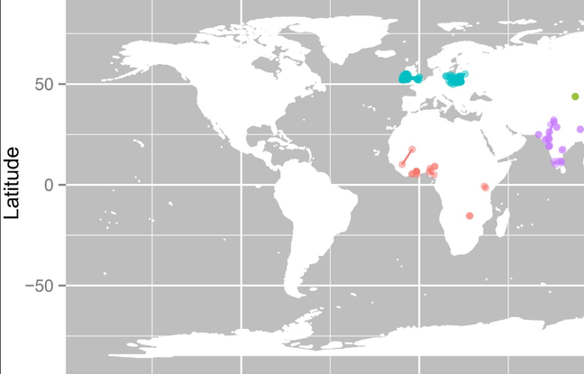 Les points sur la carte représentent le s lieux de naissance des parents des membres du panel étudié