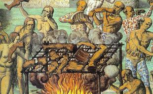 Scène de cannibalisme illustrée par Théodore de Bry (Belgique, XVI siècle)