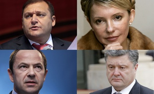 Les quatre principaux candidats à l'élection présidentielle en Ukraine du 25 mai, Mykhaïlo Dobkin, Ioulia Timochenko, Serhiy Tigipko et Petro Porochenko.