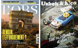 Couverture de L'Obs de ce jeudi et le numéro d'Usbek & Rica consacré à la collapsologie en 2018