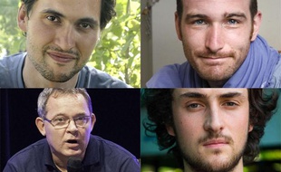Les quatre journalistes français retenus en otages en Syrie. En haut : Pierre Torrès (à g.) et Nicolas Hénin (à d.), enlevés le 22 juin 2013 à Raqqa (nord). En bas : Didier François (à g.) et Édouard Élias (à d.), enlevés le 6 juin 2013 sur la route d'Alep.