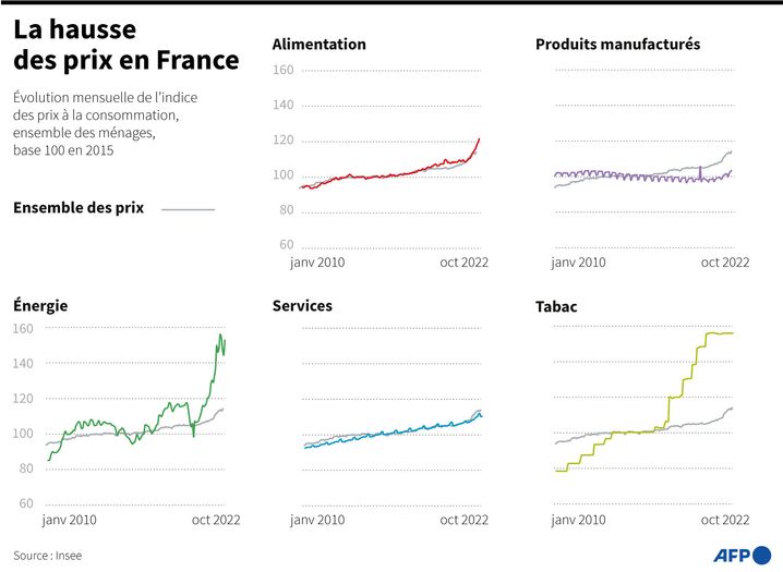 Graphiques montrant l'évolution mensuelle des prix en France depuis 2010