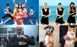 Montage d'images extraites de vidéos parodiant le signe de raillement à François Hollande.