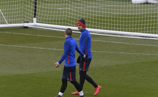 Hatem Ben Arfa et Marco Verratti à l'entraînement du PSG, le 5 mars 2018.