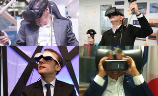 Photo montage: François Fillon, Emmanuel Macron, Jean-Luc Mélenchon et Nicolas Dupont-Aignan testant des nouvelles technologies