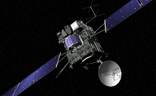 - Image de synthèse représentant la sonde de la mission Rosetta. Cette mission de l'Agence spatiale européenne (ESA) consiste à analyser la comète Chyryumov Gerasimenko grâce à son module d'atterrissage.