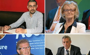 L. Beaud (en h. à g.), H. Mandroux, J.-P. Moure (en b. à g.), P. Sorel (en b. à dr.). Elections Montpellier