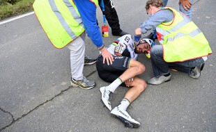 Julian Alaphilippe a lourdement chuté en heurtant une moto sur le Tour des Flandres.