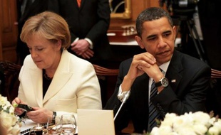 Angela Merkel et Barack Obama, le 1er avril 2009 lors d'un dîner à Londres