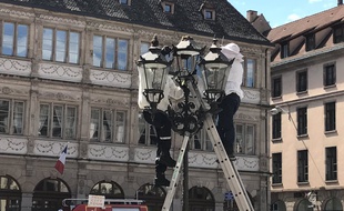 Les pompiers sont intervenus équipés en plein centre-ville de Strasbourg en début d'après-midi auprès des abeilles, samedi.