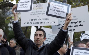 Des buralistes français manifestent devant le Sénat à Paris le 5 novembre 2014
