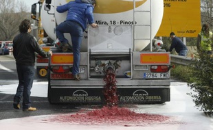 Des viticulteurs français vident un camion-citerne de vin espagnol le 4 avril 2016 au Boulou, près de la frontière franco-espagnol (Illustration).