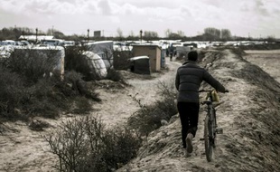 Un migrant pousse sa bicyclette devant des tentes dans la "jungle" de Calais le 30 mars 2016