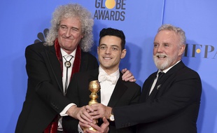 «Bohemian Rhapsody» et Rami Malek, ici entouré de Brian May et Roger Taylor du groupe Queen, ont triomphé aux Golden Globes, le 6 janvier 2019.