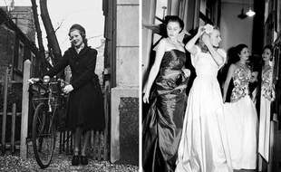 A gauche, une femme en août 1944. A droite, défilé de mode Jacques Fath en 1942.