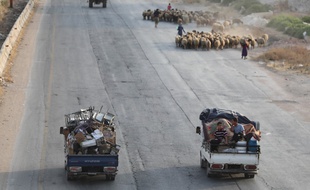 Des familles syriennes du sud-est de la province d'Idlib et de la campagne du nord de Hama, fuyant les combats.