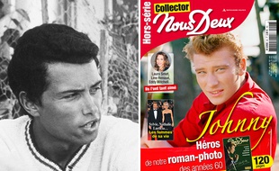 Le photographe Jean-Marie Perier à gauche, et la une avec le cliché de Johnny Hallyday qu'il a réalisé pour le magazine « Nous Deux ».