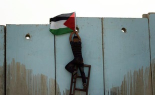Un jeune Palestinien escalade le mur qui sépare Israël de la Palestine, près de Ramallah le 15 mai 2008