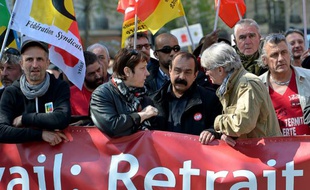 Bernadette Groison (FSU), Philippe Martinez ((CGT) et Jean-Claude Mailly (FO) le 1er mai 2016 à Paris