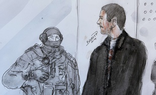 Dessin de presse: Mehdi Nemmouche en juin 2014 à la cour d'appel de Versailles.