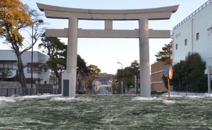 La vidéo simule en image de synthèses un tsunami déferlant sur la ville de Kamakura.