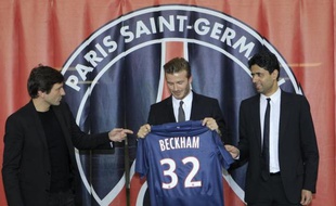 La présentation du maillot de David Beckham (au centre), le 31 janvier 2013 au Parc des Princes à Paris.